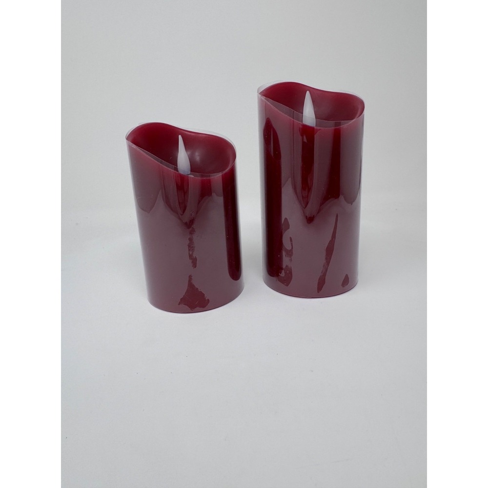 Set of 2 Flameless Flicker LED Pillar Wax Candles with Remote 5" 6" Burgundy Red - Picture 2 of 16